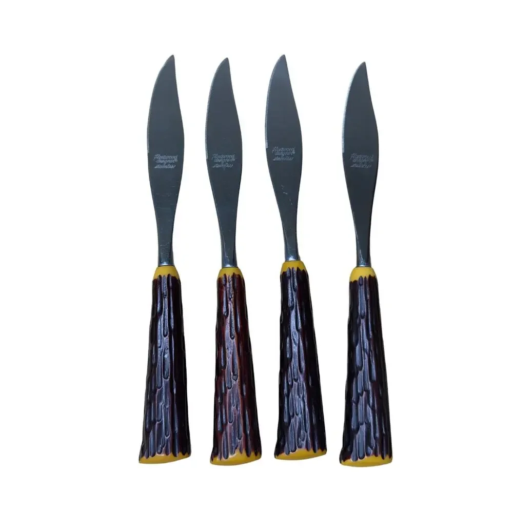 Vintage MCM Fleetwood Designer‎ Stainless Steak Knives Faux Wood Handle Set of 4